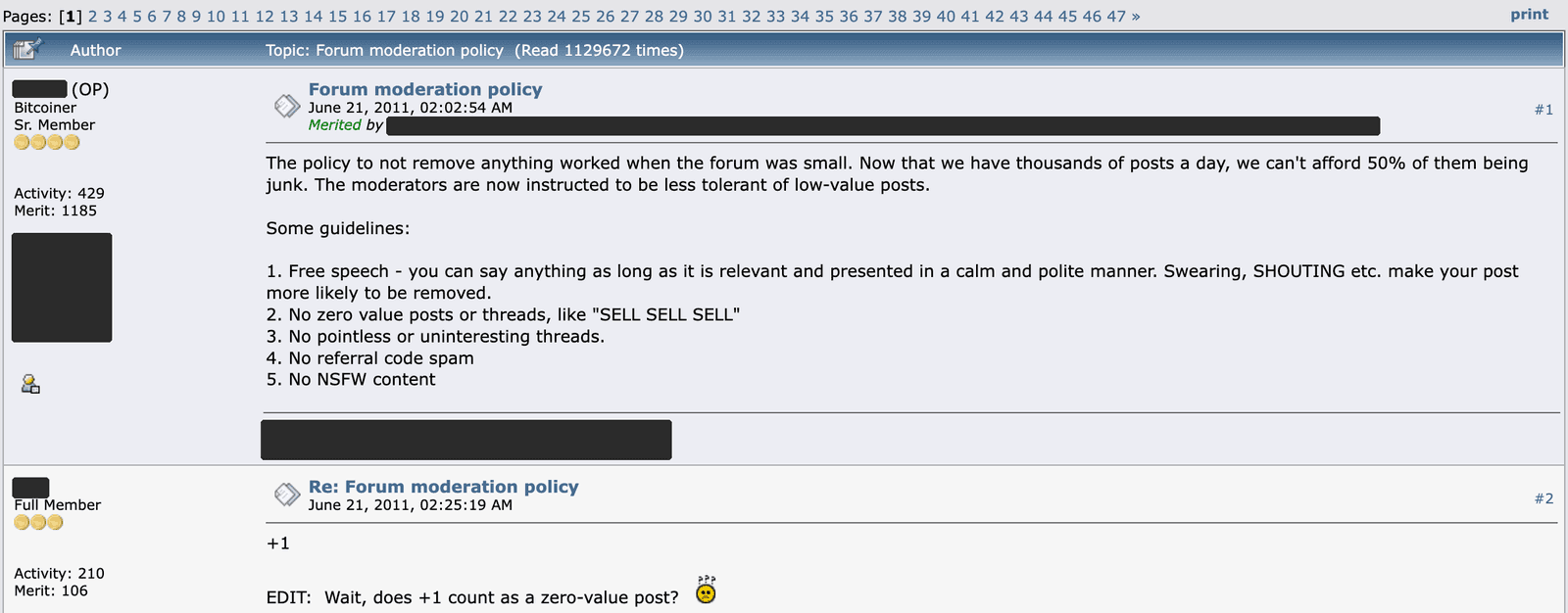 The thread 'Forum moderation policy': its title bar, the opening post of June 21, 2011 marked (OP) and #1, and the first reply marked #2 below it, each with its own author column and date.