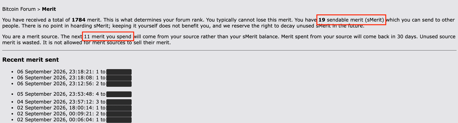 The operator's own merit page: 1784 merit received, 19 sendable merit (sMerit) and a merit-source note that the next 11 merit spent come from the source (both outlined in red), then a dated list of recent merit sent.
