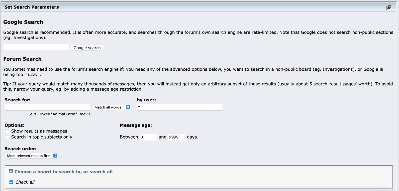 Bitcointalk's Set Search Parameters page: a Google search box, then the Forum Search form with a keyword box and match mode, a by-user field, options, a message-age range in days, a search-order menu, and a collapsed board chooser.