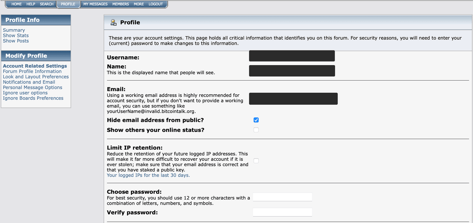 Account Related Settings on the operator's own account: redacted Username, Name and Email values, the hide-email and online-status options, Limit IP retention, and empty Choose password and Verify password fields.
