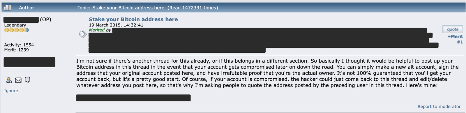 The opening post of 'Stake your Bitcoin address here', dated 19 March 2015: it asks members to post an address so a signature from it can prove ownership later, and to quote the previous poster's address; the opening poster's own address is redacted.